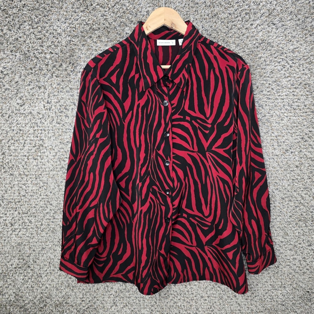 Susan Graver Top Womens Plus 1X Red Animal Print Button Up Tunic Casual Ladies‎